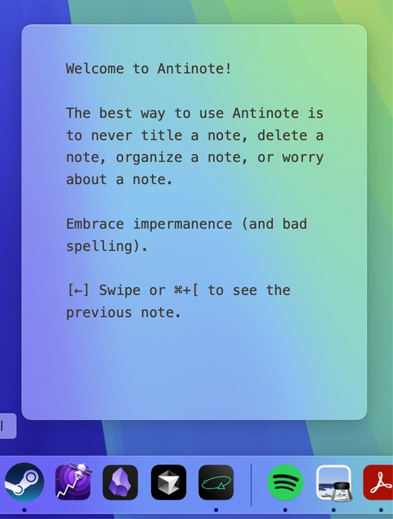 Antinote Screenshot in dock mode