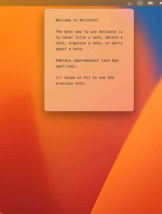 Antinote Screenshot in pseudo menu mode